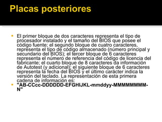 El primer bloque de dos caracteres representa el tipo de procesador instalado y el tamaño del BIOS que posee el código fuente; el segundo bloque de cuatro caracteres, representa el tipo de código almacenado (número principal y secundario del BIOS); el tercer bloque de 6 caracteres  representa el número de referencia del código de licencia del fabricante; el cuarto bloque de 8 caracteres da información de Autotest (y adicional); el siguiente bloque de 6 caracteres representa la fecha del BIOS y el último carácter indica la versión del teclado. La representación de esta primera cadena de información es:  "AB-CCcc-DDDDDD-EFGHIJKL-mmddyy-MMMMMMMM-N" 