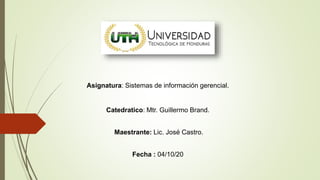 Asignatura: Sistemas de información gerencial.
Catedratico: Mtr. Guillermo Brand.
Maestrante: Lic. José Castro.
Fecha : 04/10/20
 