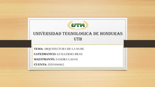 UNIVERSIDAD TEGNOLOGICA DE HONDURAS
UTH
TEMA: ARQUITECTURA DE LA NUBE
CATEDRATICO: GUILLERMO BRAN
MAESTRANTE: SANDRA LAGOS
CUENTA: 202010060662
 