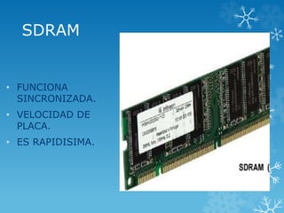SDRAM
• FUNCIONA
SINCRONIZADA.
• VELOCIDAD DE
PLACA.
• ES RAPIDISIMA.
 