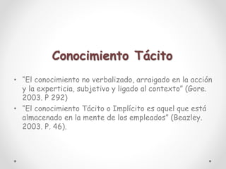 Conocimiento Tácito
• “El conocimiento no verbalizado, arraigado en la acción
y la experticia, subjetivo y ligado al contexto” (Gore.
2003. P 292)
• “El conocimiento Tácito o Implícito es aquel que está
almacenado en la mente de los empleados” (Beazley.
2003. P. 46).
 