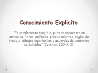 Conocimiento Explicito
“Es comúnmente tangible, pues se encuentra en
manuales, libros, políticas, procedimientos, reglas de
trabajo, dibujos ingenieriles y acuerdos de contratos
colectables” (Cutcher. 200. P. 3).
 