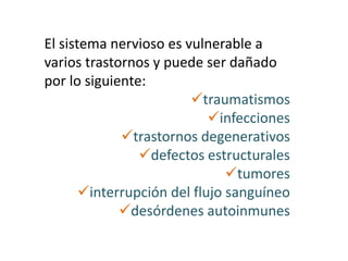 El sistema nervioso es vulnerable a
varios trastornos y puede ser dañado
por lo siguiente:
traumatismos
infecciones
trastornos degenerativos
defectos estructurales
tumores
interrupción del flujo sanguíneo
desórdenes autoinmunes
 