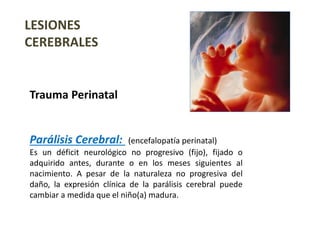 LESIONES
CEREBRALES
Trauma Perinatal
Parálisis Cerebral: (encefalopatía perinatal)
Es un déficit neurológico no progresivo (fijo), fijado o
adquirido antes, durante o en los meses siguientes al
nacimiento. A pesar de la naturaleza no progresiva del
daño, la expresión clínica de la parálisis cerebral puede
cambiar a medida que el niño(a) madura.
 