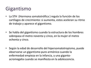 Gigantismo
• La STH (Hormona somatotrófica ) regula la función de los
cartílagos de crecimiento: si aumenta, estos aceleran su ritmo
de trabajo y aparece el gigantismo.
• Se habla del gigantismo cuando la estructura de los hombres
sobrepasa el metro noventa y cinco, en la mujer el metro
ochenta y cinco.
• Según la edad de desarrollo del hipersomatotropismo, puede
observarse un gigantismo puro armónico cuando la
enfermedad empieza en la infancia, y una giganto-
acromegalia cuando se manifiesta en la adolescencia.
 