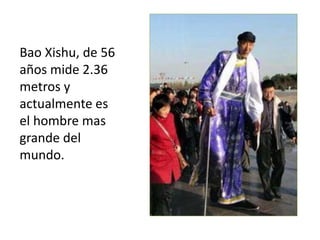 Bao Xishu, de 56
años mide 2.36
metros y
actualmente es
el hombre mas
grande del
mundo.
 