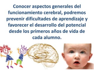Conocer aspectos generales del
funcionamiento cerebral, podremos
prevenir dificultades de aprendizaje y
favorecer el desarrollo del potencial
desde los primeros años de vida de
cada alumno.
 