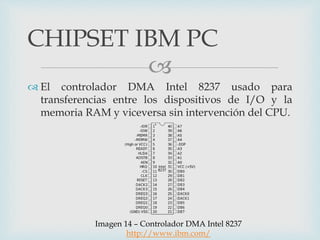 
 El controlador DMA Intel 8237 usado para
transferencias entre los dispositivos de I/O y la
memoria RAM y viceversa sin intervención del CPU.
CHIPSET IBM PC
Imagen 14 – Controlador DMA Intel 8237
http://www.ibm.com/
 
