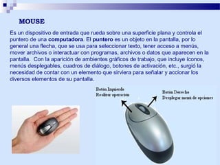 MOUSE
Es un dispositivo de entrada que rueda sobre una superficie plana y controla el
puntero de una computadora. El puntero es un objeto en la pantalla, por lo
general una flecha, que se usa para seleccionar texto, tener acceso a menús,
mover archivos o interactuar con programas, archivos o datos que aparecen en la
pantalla. Con la aparición de ambientes gráficos de trabajo, que incluye íconos,
menús desplegables, cuadros de diálogo, botones de activación, etc., surgió la
necesidad de contar con un elemento que sirviera para señalar y accionar los
diversos elementos de su pantalla.

 