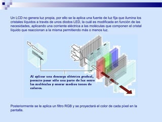 Un LCD no genera luz propia, por ello se la aplica una fuente de luz fija que ilumina los
cristales líquidos a través de unos diodos LED, la cuál es modificada en función de las
necesidades, aplicando una corriente eléctrica a las moléculas que componen el cristal
líquido que reaccionan a la misma permitiendo más o menos luz.

Posteriormente se le aplica un filtro RGB y se proyectará el color de cada píxel en la
pantalla.

 