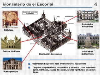 Distribución de espacios
Patio de los
Evangelistas.
Biblioteca
Puerta principal
Patio de los Reyes
Patio de los
Mascarones
Decoración: En general poca ornamentación, algo austero
Conjunto Arquitectónico, escultórico y pictórico , con materiales
como, mármoles, Jaspes de colores, bronce y pintura al oleo sobre
lienzo
 