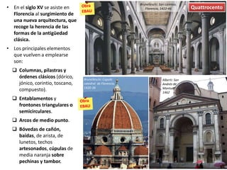 • En el siglo XV se asiste en
Florencia al surgimiento de
una nueva arquitectura, que
recoge la herencia de las
formas de la antigüedad
clásica.
• Los principales elementos
que vuelven a emplearse
son:
 Columnas, pilastras y
órdenes clásicos (dórico,
jónico, corintio, toscano,
compuesto).
 Entablamentos y
frontones triangulares o
semicirculares.
 Arcos de medio punto.
 Bóvedas de cañón,
baídas, de arista, de
lunetos, techos
artesonados, cúpulas de
media naranja sobre
pechinas y tambor.
Quattrocento
Brunelleschi: San Lorenzo,
Florencia, 1422-46
Brunelleschi: Cúpula
catedral de Florencia,
1420-36
Alberti: San
Andrés de
Mantua,
1462
 