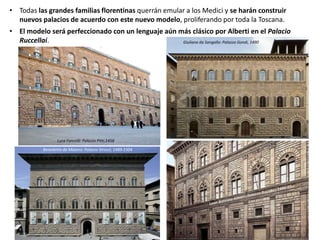 • Todas las grandes familias florentinas querrán emular a los Medici y se harán construir
nuevos palacios de acuerdo con este nuevo modelo, proliferando por toda la Toscana.
• El modelo será perfeccionado con un lenguaje aún más clásico por Alberti en el Palacio
Ruccellai. Giuliano da Sangallo: Palazzo Gondi, 1490
Benedetto da Maiano: Palazzo Strozzi, 1489-1504
Luca Fancelli: Palazzo Pitti,1458
 