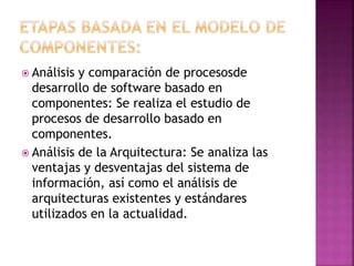  Análisis y comparación de procesosde
desarrollo de software basado en
componentes: Se realiza el estudio de
procesos de desarrollo basado en
componentes.
 Análisis de la Arquitectura: Se analiza las
ventajas y desventajas del sistema de
información, así como el análisis de
arquitecturas existentes y estándares
utilizados en la actualidad.
 