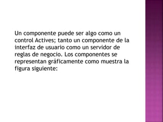 Un componente puede ser algo como un
control Actives; tanto un componente de la
interfaz de usuario como un servidor de
reglas de negocio. Los componentes se
representan gráficamente como muestra la
figura siguiente:
 