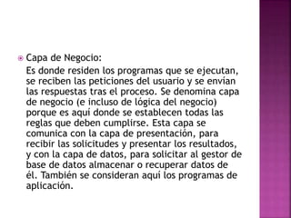  Capa de Negocio:
Es donde residen los programas que se ejecutan,
se reciben las peticiones del usuario y se envían
las respuestas tras el proceso. Se denomina capa
de negocio (e incluso de lógica del negocio)
porque es aquí donde se establecen todas las
reglas que deben cumplirse. Esta capa se
comunica con la capa de presentación, para
recibir las solicitudes y presentar los resultados,
y con la capa de datos, para solicitar al gestor de
base de datos almacenar o recuperar datos de
él. También se consideran aquí los programas de
aplicación.
 