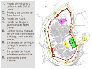 1. Puerta de Narbona y
barbacana de Saint-
Louis,
2. Puerta y barbacana de
Saint-Nazaire,
3. Puerta del Aude,
4. Puerta del Burgo y
barbacana de Notre-
Dame,
5. Castillo condal rodeado
por un foso y construido
a lo largo de la muralla
interior,
6. Barbacana del este que
protege la entrada del
castillo,
7. Barbacana del Aude,
actualmente destruida,
8. Basílica de Saint-
Nazaire.
 