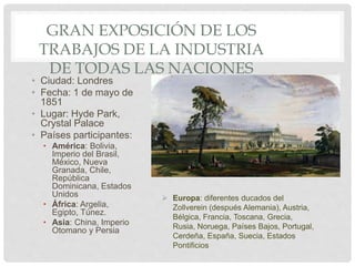 GRAN EXPOSICIÓN DE LOS
TRABAJOS DE LA INDUSTRIA
DE TODAS LAS NACIONES
• Ciudad: Londres
• Fecha: 1 de mayo de
1851
• Lugar: Hyde Park,
Crystal Palace
• Países participantes:
• América: Bolivia,
Imperio del Brasil,
México, Nueva
Granada, Chile,
República
Dominicana, Estados
Unidos
• África: Argelia,
Egipto, Túnez.
• Asia: China, Imperio
Otomano y Persia
 Europa: diferentes ducados del
Zollverein (después Alemania), Austria,
Bélgica, Francia, Toscana, Grecia,
Rusia, Noruega, Países Bajos, Portugal,
Cerdeña, España, Suecia, Estados
Pontificios
 