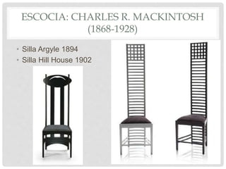 ESCOCIA: CHARLES R. MACKINTOSH
(1868-1928)
• Silla Argyle 1894
• Silla Hill House 1902
 
