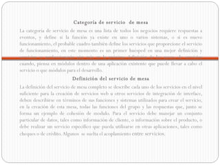 Categoría de servicio  de mesa La categoría de servicio de mesa es una lista de todos los negocios requiere respuestas a eventos, y define si la función ya existe en uno o varios sistemas, o si es nuevo funcionamiento, el probable cuadro también define los servicios que proporcione el servicio de funcionamiento, en este momento es un primer huésped en una mejor definición y servicios se perfeccionarán aún más en la próxima definición de los pasos, de servicios cuando, piensa en módulos dentro de una aplicación existente que puede llevar a cabo el servicio o que módulos para el desarrollo. Definición del servicio de mesa La definición del servicio de mesa completo se describe cada uno de los servicios en el nivel suficiente para la creación de servicios web u otros servicios de integración de interface, deben describirse en términos de sus funciones y sistemas utilizados para crear el servicio, en la creación de esta mesa, todas las funciones del grupo y las respuestas que, junto se forma un ejemplo de cohesión de modulo. Para el servicio debe manejar un conjunto particular de datos, tales como información de cliente, o información sobre el producto, o debe realizar un servicio específico que pueda utilizarse en otras aplicaciones, tales como cheques o de crédito. Algunos  se suelta el acoplamiento  entre servicios. 