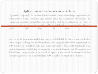 Aplicar una norma basada en estándares Siguiendo el ejemplo de los comités de estándares que tienen larga experiencia de Pentecostés creando procesos que tienen éxito en la creación de diseños de evaluación standards.desarrollos interoperables para las interfaces de servicio, e incluyen todas las partes interesadas holderss.stakeholders se pueden identificar a través del caso de uso .  Invertir en la formación tendrá una mayor probabilidad de éxito si sus empleados saben lo que re doing.few los diseñadores y los programadores con experiencia en SOA basado en estándares web, tales como servicios y XML. esta demasiado a las partes interesadas, incluiding las empresas y los administradores de TI, arquitectos, diseñadores, programadores, personal de apoyo y necesidad de comprender los conceptos generales de la arquitectura SOA y cuál es su papel en el proceso. 