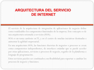 El servicio de la arquitectura de integración de aplicaciones de negocio define como reutilizables los componentes funcionales de la empresa. Este concepto es de una arquitectura orientada a servicios (SOA).  SOA es un tema candente en TI, y en el centro de muchas iniciativas destinadas a aumentar la agilidad empresarial. En una arquitectura SOA, las funciones discretas de negocios o procesos se crean como componentes independientes, de interfaces estándar que se puede acceder por otras aplicaciones, servicios o procesos de negocio, regarles de la plataforma o lenguaje de programación. Estos servicios pueden ser combinados con flexibilidad para soportar o cambiar los procesos de negocio y funciones. ARQUITECTURA DEL SERVICIO DE INTERNET 