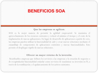Que las empresas se agilicen . SOA es la mejor manera de permitir la agilidad empresarial. Se maximiza el aprovechamiento de los recursos existentes y reducir al mínimo el tiempo y el coste de la implantación de nuevas aplicaciones. En lugar de desarrollo de aplicaciones a partir de cero, las empresas pueden utilizar la funcionalidad de salir y crear nuevas soluciones mediante el ensamblaje de componentes de aplicaciones existentes y nuevas funcionalidades. Esto permite el despliegue rápido de nuevas soluciones.  Ofrecer un mayor retorno de la inversión . Reutilizables empresas que definen los servicios a las empresas y la creación de negocios o de recapitulación funcionalidad estándar como servicios de maximizar su inversión en TI, a través de la reutilización y el apalancamiento de los activos existentes. BENEFICIOS SOA 