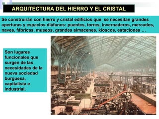 ARQUITECTURA DEL HIERRO Y EL CRISTAL
Se construirán con hierro y cristal edificios que se necesitan grandesSe construirán con hierro y cristal edificios que se necesitan grandes
aperturas y espacios diáfanos: puentes, torres, invernaderos, mercados,aperturas y espacios diáfanos: puentes, torres, invernaderos, mercados,
naves, fábricas, museos, grandes almacenes, kioscos, estaciones …naves, fábricas, museos, grandes almacenes, kioscos, estaciones …
Son lugaresSon lugares
funcionales quefuncionales que
surgen de lassurgen de las
necesidades de lanecesidades de la
nueva sociedadnueva sociedad
burguesa,burguesa,
capitalista ecapitalista e
industrial.industrial.
 