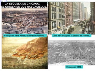 Chicago en 1871. Antes y durante el incendio.
LA ESCUELA DE CHICAGO.
EL ORIGEN DE LOS RASCACIELOS.
Chicago en 1916.
Calle de Chicago en la década de 1880-90.
 