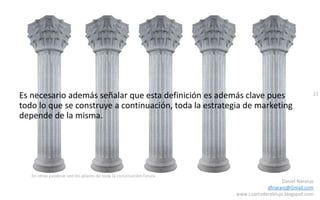 23
Daniel Naranjo
dfnaranj@Gmail.com
www.cuartodereblujo.blogspot.com
Es necesario además señalar que esta definición es además clave pues
todo lo que se construye a continuación, toda la estrategia de marketing
depende de la misma.
En otras palabras son los pilares de toda la construcción futura
 