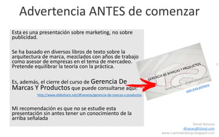 3
Daniel Naranjo
dfnaranj@Gmail.com
www.cuartodereblujo.blogspot.com
Esta es una presentación sobre marketing, no sobre
publicidad.
Se ha basado en diversos libros de texto sobre la
arquitectura de marca, mezclados con años de trabajo
como asesor de empresas en el tema de mercadeo.
Pretende equilibrar la teoría con la práctica.
Es, además, el cierre del curso de Gerencia De
Marcas Y Productos que puede consultarse aquí:
http://www.slideshare.net/dfnaranjo/gerencia-de-marcas-y-productos
Mi recomendación es que no se estudie esta
presentación sin antes tener un conocimiento de la
arriba señalada
Advertencia ANTES de comenzar
 