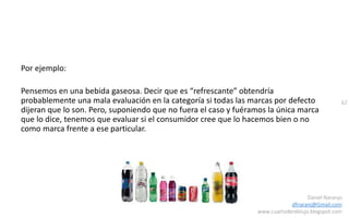 62
Daniel Naranjo
dfnaranj@Gmail.com
www.cuartodereblujo.blogspot.com
Por ejemplo:
Pensemos en una bebida gaseosa. Decir que es “refrescante” obtendría
probablemente una mala evaluación en la categoría si todas las marcas por defecto
dijeran que lo son. Pero, suponiendo que no fuera el caso y fuéramos la única marca
que lo dice, tenemos que evaluar si el consumidor cree que lo hacemos bien o no
como marca frente a ese particular.
 