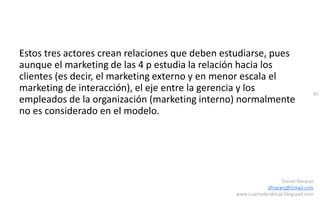 90
Daniel Naranjo
dfnaranj@Gmail.com
www.cuartodereblujo.blogspot.com
Estos tres actores crean relaciones que deben estudiarse, pues
aunque el marketing de las 4 p estudia la relación hacia los
clientes (es decir, el marketing externo y en menor escala el
marketing de interacción), el eje entre la gerencia y los
empleados de la organización (marketing interno) normalmente
no es considerado en el modelo.
 