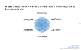 93
Daniel Naranjo
dfnaranj@Gmail.com
www.cuartodereblujo.blogspot.com
En este aspecto suelen estudiarse 6 asuntos sobre la identidad gráfica. Se
busca que esta sea:
Memorable
Significativa
Agradable
Transferible
Adaptable
Protegible
 