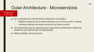 Outer Architecture - Microservicios
Configuración
centralizada
■ En un esquema de microservicios la operación se complica:
– Múltiples instancias de la misma aplicación con el mismo perfil, o distinto.
– Versiones distintas del mismo servicio en el mismo entorno.
■ El mantenimiento de las aplicaciones en ejecución se puede llevar desde una
plataforma (sin intervención humana directa).
■ Rolling updates, de los servicios
 
