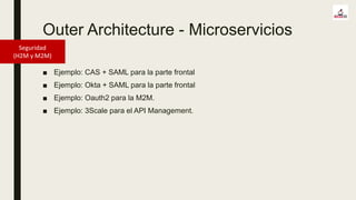 Outer Architecture - Microservicios
Seguridad
(H2M y M2M)
■ Ejemplo: CAS + SAML para la parte frontal
■ Ejemplo: Okta + SAML para la parte frontal
■ Ejemplo: Oauth2 para la M2M.
■ Ejemplo: 3Scale para el API Management.
 
