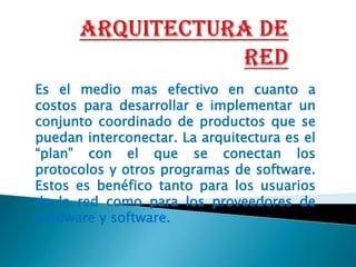 ARQUITECTURA DE RED Es el medio mas efectivo en cuanto a costos para desarrollar e implementar un conjunto coordinado de productos que se puedan interconectar. La arquitectura es el “plan” con el que se conectan los protocolos y otros programas de software. Estos es benéfico tanto para los usuarios de la red como para los proveedores de hardware y software. 