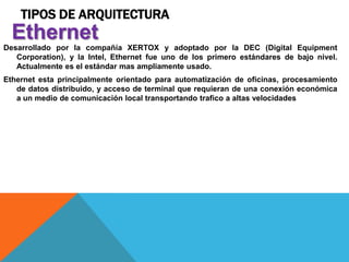 TIPOS DE ARQUITECTURA
Desarrollado por la compañía XERTOX y adoptado por la DEC (Digital Equipment
Corporation), y la Intel, Ethernet fue uno de los primero estándares de bajo nivel.
Actualmente es el estándar mas ampliamente usado.
Ethernet esta principalmente orientado para automatización de oficinas, procesamiento
de datos distribuido, y acceso de terminal que requieran de una conexión económica
a un medio de comunicación local transportando trafico a altas velocidades
Ethernet
 