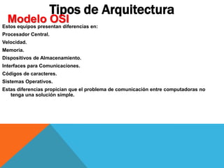 Estos equipos presentan diferencias en:
Procesador Central.
Velocidad.
Memoria.
Dispositivos de Almacenamiento.
Interfaces para Comunicaciones.
Códigos de caracteres.
Sistemas Operativos.
Estas diferencias propician que el problema de comunicación entre computadoras no
tenga una solución simple.
Tipos de Arquitectura
Modelo OSI
 