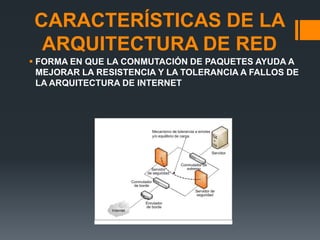 CARACTERÍSTICAS DE LA
ARQUITECTURA DE RED
 FORMA EN QUE LA CONMUTACIÓN DE PAQUETES AYUDA A
MEJORAR LA RESISTENCIA Y LA TOLERANCIA A FALLOS DE
LA ARQUITECTURA DE INTERNET

 