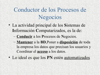 Conductor de los Procesos de
          Negocios
• La actividad principal de los Sistemas de
  Información Computarizados, es la de:
  – Conducir a los Procesos de Negocios.
  – Mantener a la BD,Poner a disposición de toda
    la empresa los datos que precisan los usuarios y
    Coordinar el acceso a los datos.
• Lo ideal es que los PN estén automatizados
 
