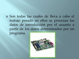    Son todas las cuales de lleva a cabo el
    trabajo pesado en ellos se procesan los
    datos de introducción por el usuario a
    partir de los datos determinados por un
    programa.
 