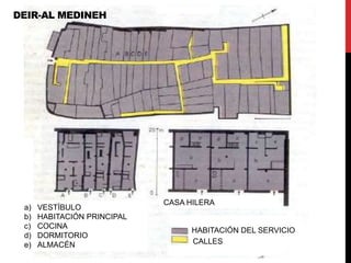 DEIR-AL MEDINEH




                             CASA HILERA
 a)   VESTÍBULO
 b)   HABITACIÓN PRINCIPAL
 c)   COCINA
                                   HABITACIÓN DEL SERVICIO
 d)   DORMITORIO
 e)   ALMACÉN                      CALLES
 