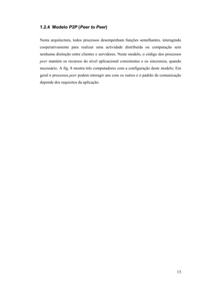 1.2.4 Modelo P2P (Peer to Peer)

Nesta arquitectura, todos processos desempenham funções semelhantes, interagindo
cooperativamente para realizar uma actividade distribuída ou computação sem
nenhuma distinção entre clientes e servidores. Neste modelo, o código dos processos
peer mantém os recursos do nível aplicacional consistentes e os sincroniza, quando
necessário. A fig. 8 mostra três computadores com a configuração deste modelo; Em
geral n processos peer podem interagir uns com os outros e o padrão de comunicação
depende dos requisitos da aplicação.




                                                                                13
 