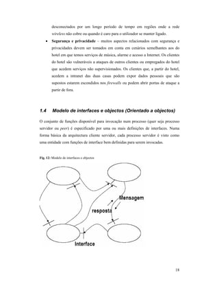desconectados por um longo período de tempo em regiões onde a rede
        wireless não cobre ou quando é caro para o utilizador se manter ligado.
    •   Segurança e privacidade – muitos aspectos relacionados com segurança e
        privacidades devem ser tomados em conta em cenários semelhantes aos do
        hotel em que temos serviços de música, alarme e acesso a Internet. Os clientes
        do hotel são vulneráveis a ataques de outros clientes ou empregados do hotel
        que acedem serviços não supervisionados. Os clientes que, a partir do hotel,
        acedem a intranet das duas casas podem expor dados pessoais que são
        supostos estarem escondidos nos firewalls ou podem abrir portas de ataque a
        partir de fora.




1.4      Modelo de interfaces e objectos (Orientado a objectos)

O conjunto de funções disponível para invocação num processo (quer seja processo
servidor ou peer) é especificado por uma ou mais definições de interfaces. Numa
forma básica da arquitectura cliente servidor, cada processo servidor é visto como
uma entidade com funções de interface bem definidas para serem invocadas.


Fig. 12: Modelo de interfaces e objectos




                                                                                   18
 