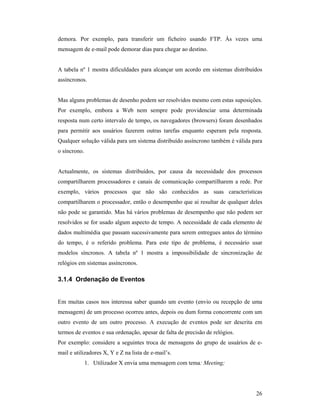 demora. Por exemplo, para transferir um ficheiro usando FTP. Às vezes uma
mensagem de e-mail pode demorar dias para chegar ao destino.


A tabela nº 1 mostra dificuldades para alcançar um acordo em sistemas distribuídos
assíncronos.


Mas alguns problemas de desenho podem ser resolvidos mesmo com estas suposições.
Por exemplo, embora a Web nem sempre pode providenciar uma determinada
resposta num certo intervalo de tempo, os navegadores (browsers) foram desenhados
para permitir aos usuários fazerem outras tarefas enquanto esperam pela resposta.
Qualquer solução válida para um sistema distribuído assíncrono também é válida para
o síncrono.


Actualmente, os sistemas distribuídos, por causa da necessidade dos processos
compartilharem processadores e canais de comunicação compartilharem a rede. Por
exemplo, vários processos que não são conhecidos as suas características
compartilharem o processador, então o desempenho que ai resultar de qualquer deles
não pode se garantido. Mas há vários problemas de desempenho que não podem ser
resolvidos se for usado algum aspecto de tempo. A necessidade de cada elemento de
dados multimédia que passam sucessivamente para serem entregues antes do término
do tempo, é o referido problema. Para este tipo de problema, é necessário usar
modelos síncronos. A tabela nº 1 mostra a impossibilidade de sincronização de
relógios em sistemas assíncronos.

3.1.4 Ordenação de Eventos


Em muitas casos nos interessa saber quando um evento (envio ou recepção de uma
mensagem) de um processo ocorreu antes, depois ou dum forma concorrente com um
outro evento de um outro processo. A execução de eventos pode ser descrita em
termos de eventos e sua ordenação, apesar de falta de precisão de relógios.
Por exemplo: considere a seguintes troca de mensagens do grupo de usuários de e-
mail e utilizadores X, Y e Z na lista de e-mail’s.
              1. Utilizador X envia uma mensagem com tema: Meeting;




                                                                                26
 