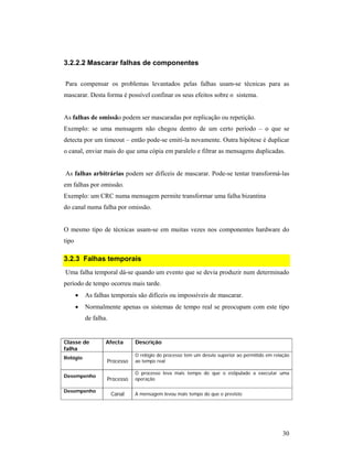 3.2.2.2 Mascarar falhas de componentes

Para compensar os problemas levantados pelas falhas usam-se técnicas para as
mascarar. Desta forma é possível confinar os seus efeitos sobre o sistema.


As falhas de omissão podem ser mascaradas por replicação ou repetição.
Exemplo: se uma mensagem não chegou dentro de um certo período – o que se
detecta por um timeout – então pode-se emiti-la novamente. Outra hipótese é duplicar
o canal, enviar mais do que uma cópia em paralelo e filtrar as mensagens duplicadas.


As falhas arbitrárias podem ser difíceis de mascarar. Pode-se tentar transformá-las
em falhas por omissão.
Exemplo: um CRC numa mensagem permite transformar uma falha bizantina
do canal numa falha por omissão.


O mesmo tipo de técnicas usam-se em muitas vezes nos componentes hardware do
tipo

3.2.3 Falhas temporais
Uma falha temporal dá-se quando um evento que se devia produzir num determinado
período de tempo ocorreu mais tarde.
       •   As falhas temporais são difíceis ou impossíveis de mascarar.
       •   Normalmente apenas os sistemas de tempo real se preocupam com este tipo
           de falha.


Classe de          Afecta      Descrição
falha
                               O relógio do processo tem um desvio superior ao permitido em relação
Relógio
                   Processo    ao tempo real

                               O processo leva mais tempo do que o estipulado a executar uma
Desempenho
                   Processo    operação

Desempenho
                       Canal   A mensagem levou mais tempo do que o previsto




                                                                                                30
 