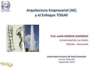 Arquitectura Empresarial (AE)
y el Enfoque TOGAF
Prof. Judith BARRIOS ALBORNOZ
Universidad de Los Andes
Mérida - Venezuela
Universidad Francisco de Paula Santander
Cúcuta, Colombia
Septiembre 2014
 