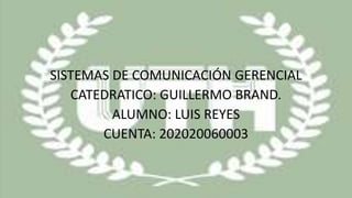 SISTEMAS DE COMUNICACIÓN GERENCIAL
CATEDRATICO: GUILLERMO BRAND.
ALUMNO: LUIS REYES
CUENTA: 202020060003
 