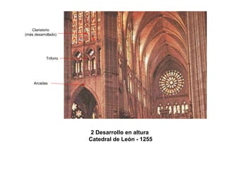 2 Desarrollo en altura 
Catedral de León -1255 
Arcadas 
Triforio 
Claristorio 
(más desarrollado)  